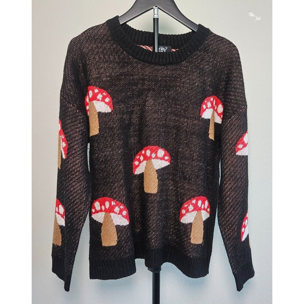 Just Polly Sweater Womens L Black Mushroom Graphic Knit Cottagecore Grunge Cute